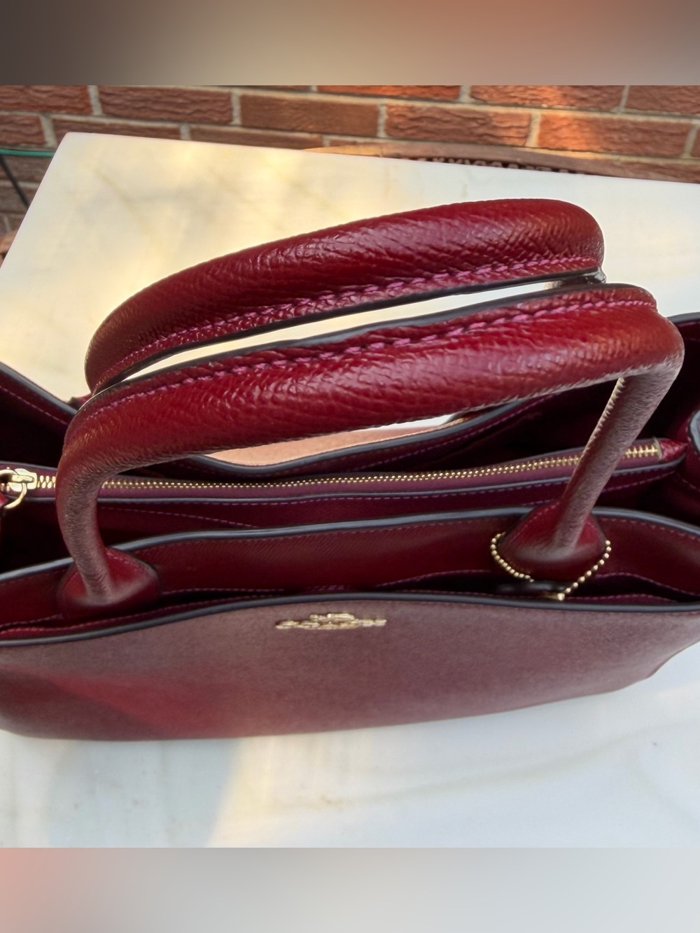 Coach Dark Cherry Red Leather Tote with Gold Hardware - Picture 15 of 16